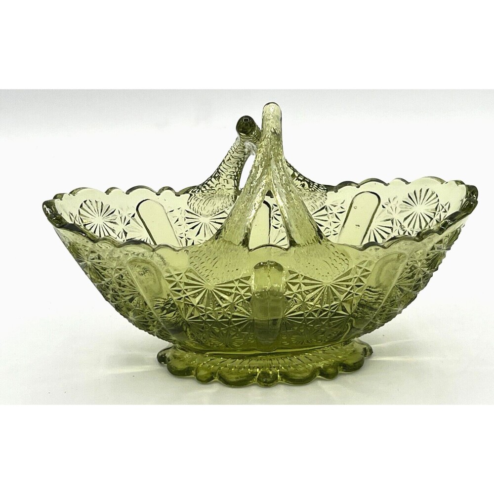 Fenton Art Glass‎ Colonial Green Glass Basket American Classic Twig Handle EUC